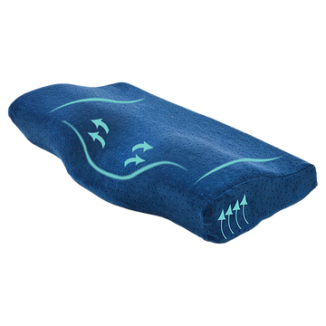 Blue ergonomic pillow with green design on a white background
