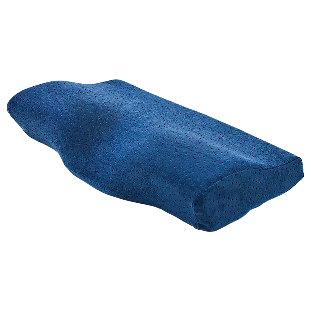 Blue memory foam pillow on a white background