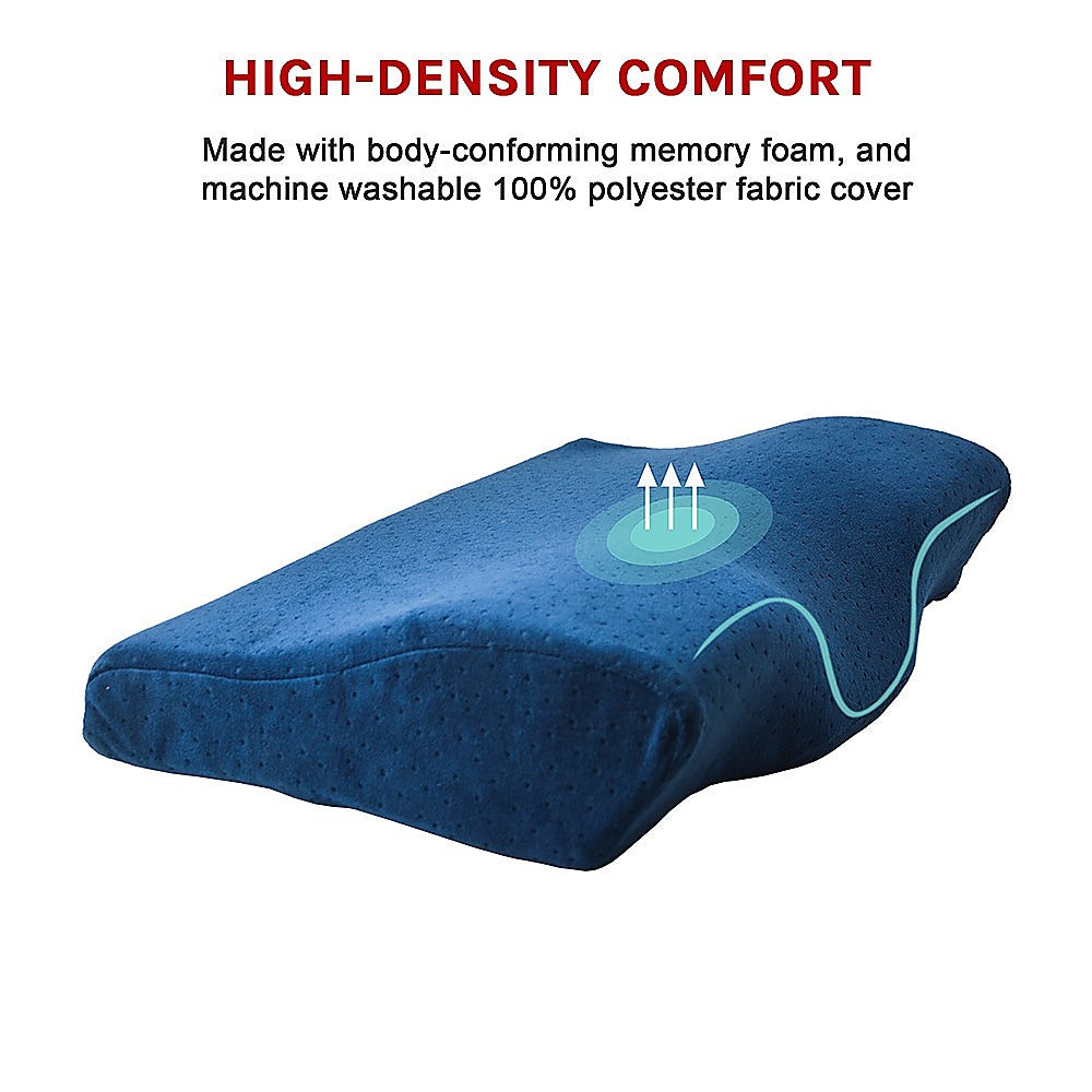 Blue memory foam pillow with text about high-density comfort and material details on a white background
