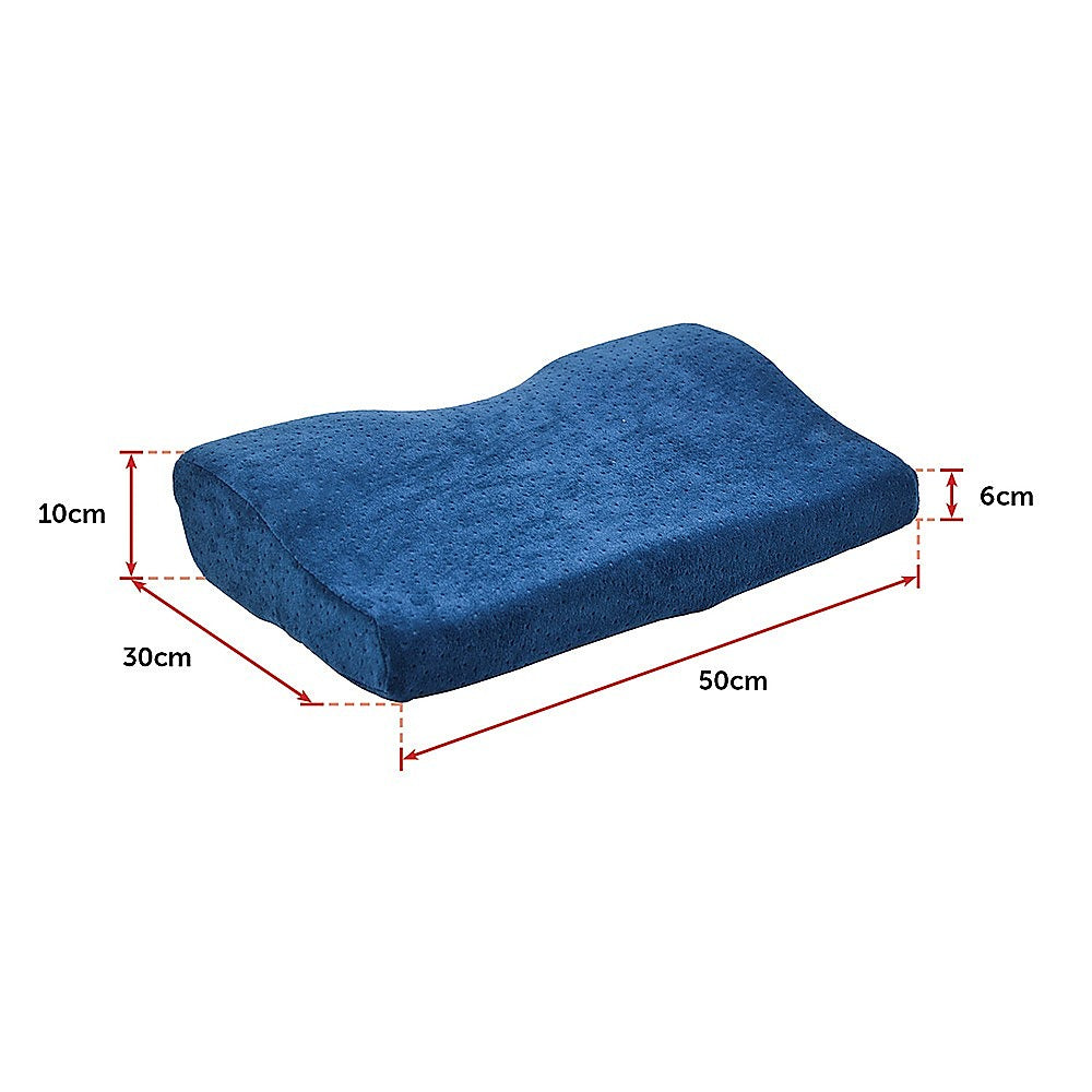 Blue pillow with dimensions marked on a white background