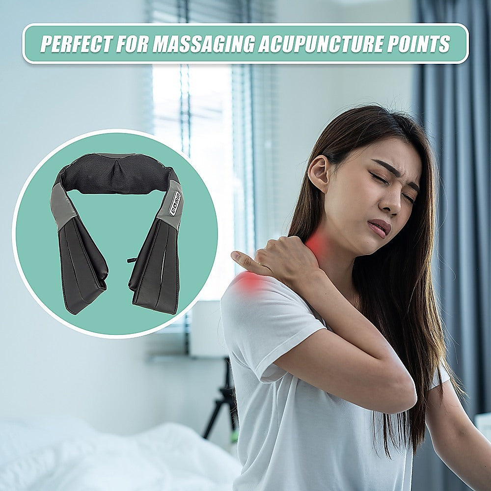 Woman massaging her shoulder with a black massage device, inset showing the device.