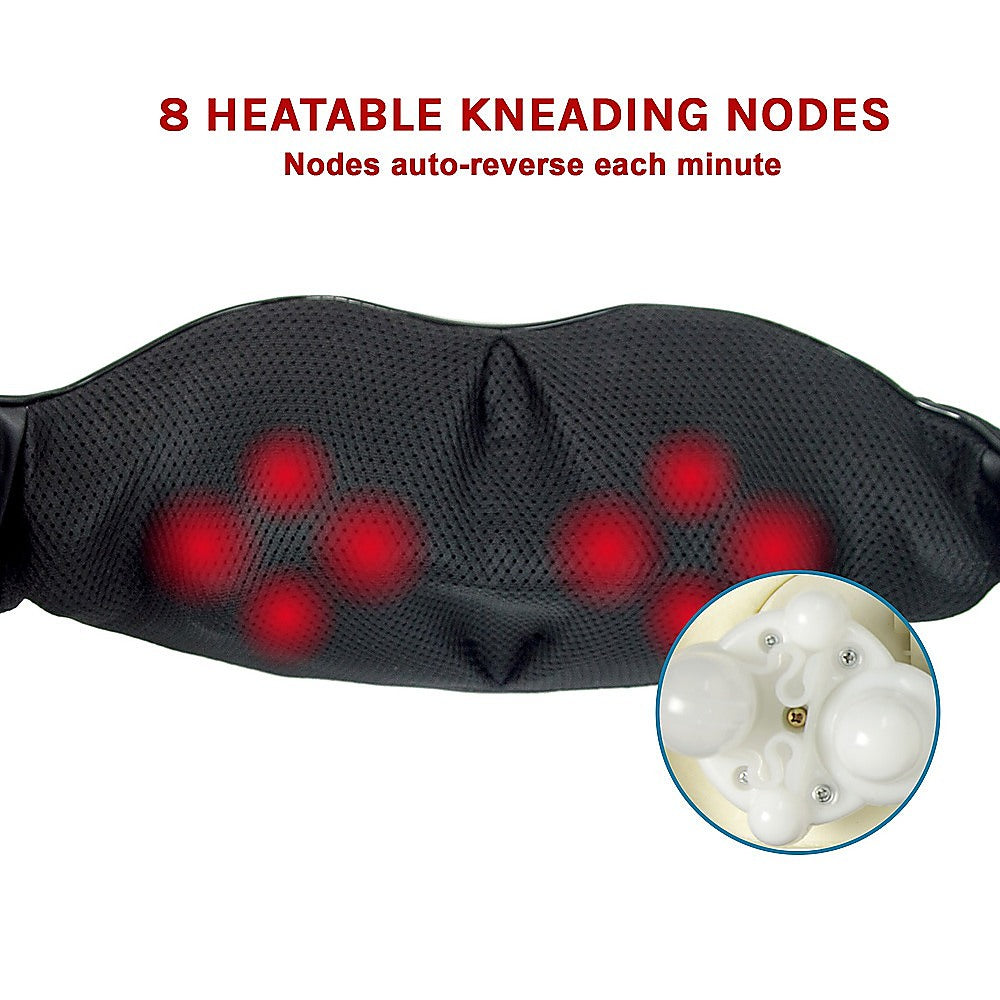 Black massage pillow with heated nodes and text about heating and node reversal.