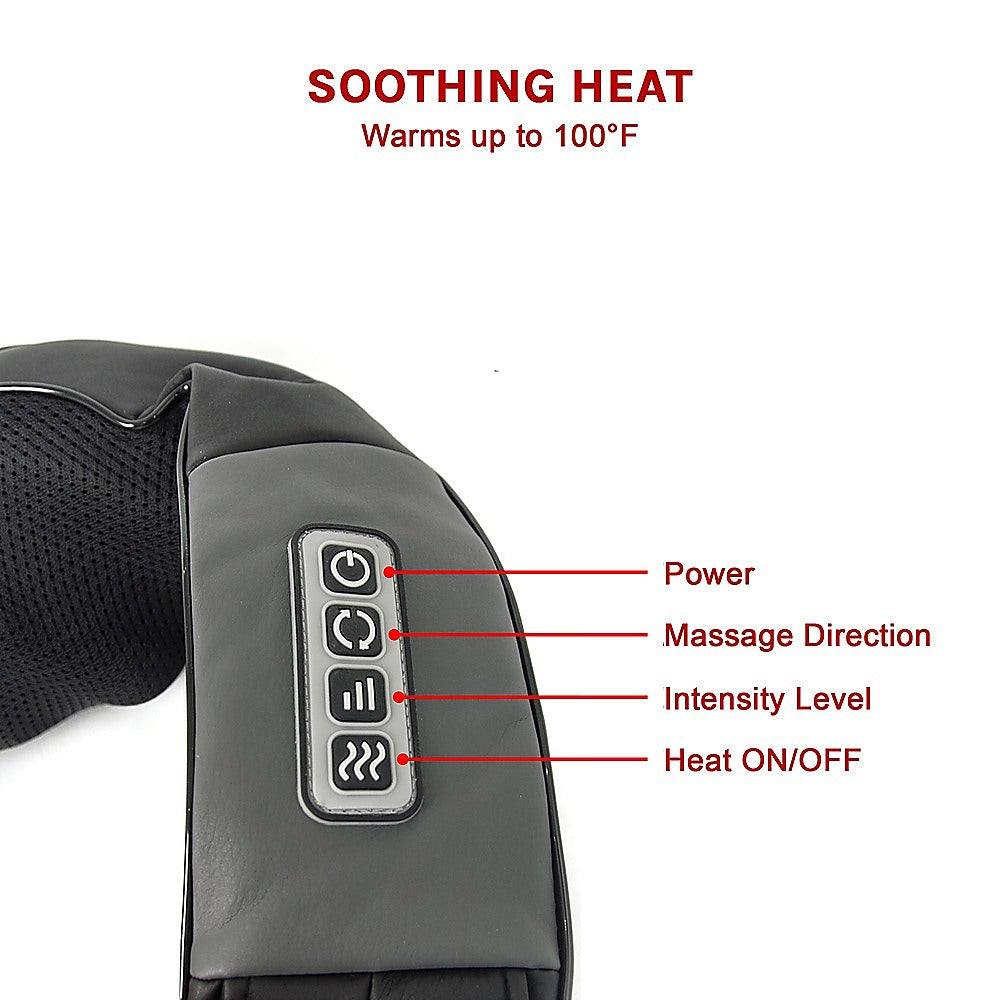 Massage device with control panel and text indicating soothing heat feature