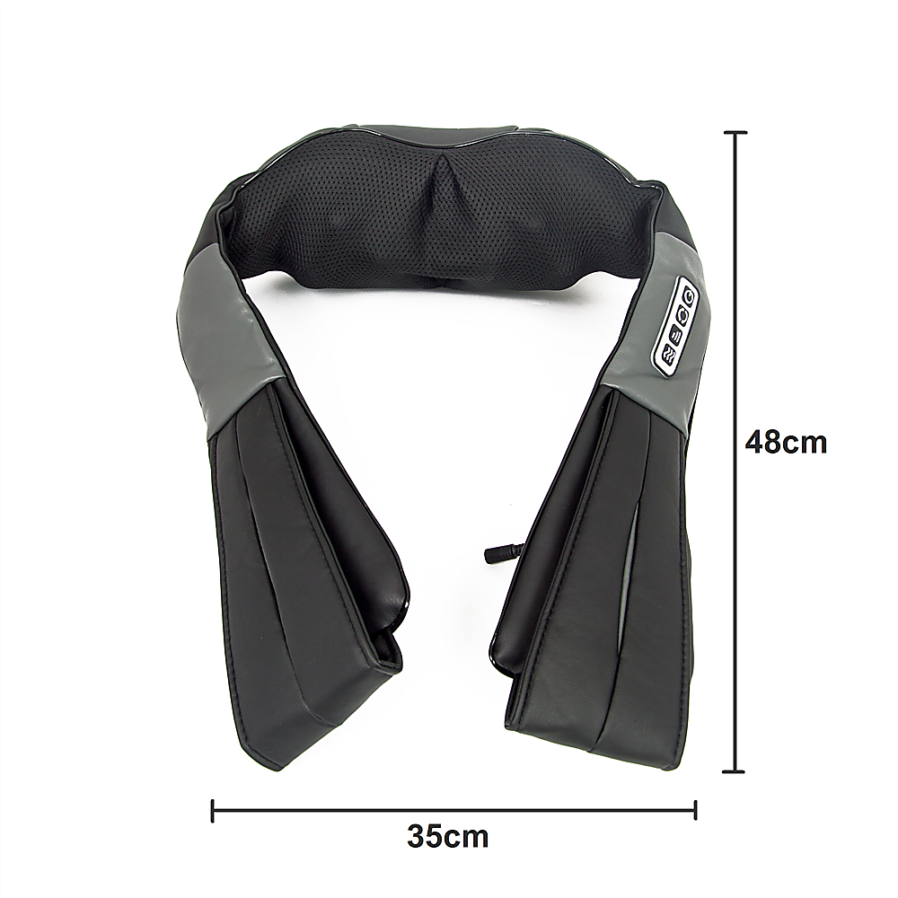Black and gray neck massager with dimensions on a white background