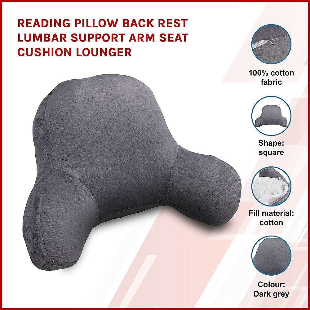 Dark grey reading pillow back rest with product details on a white background