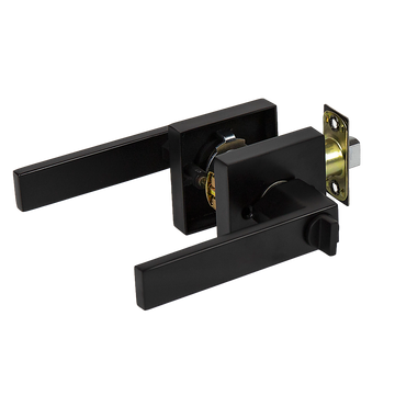Black door handle and lock mechanism on a white background