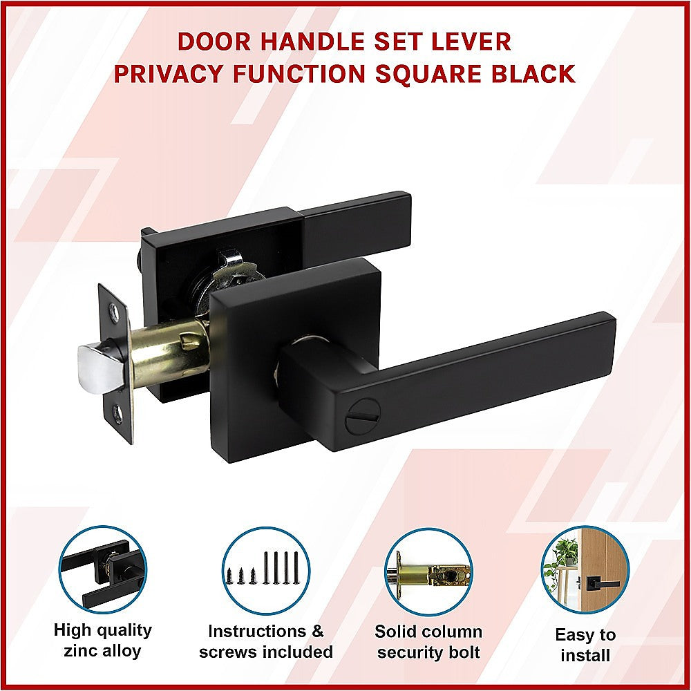 Black door handle set lever with privacy function on a light pink background