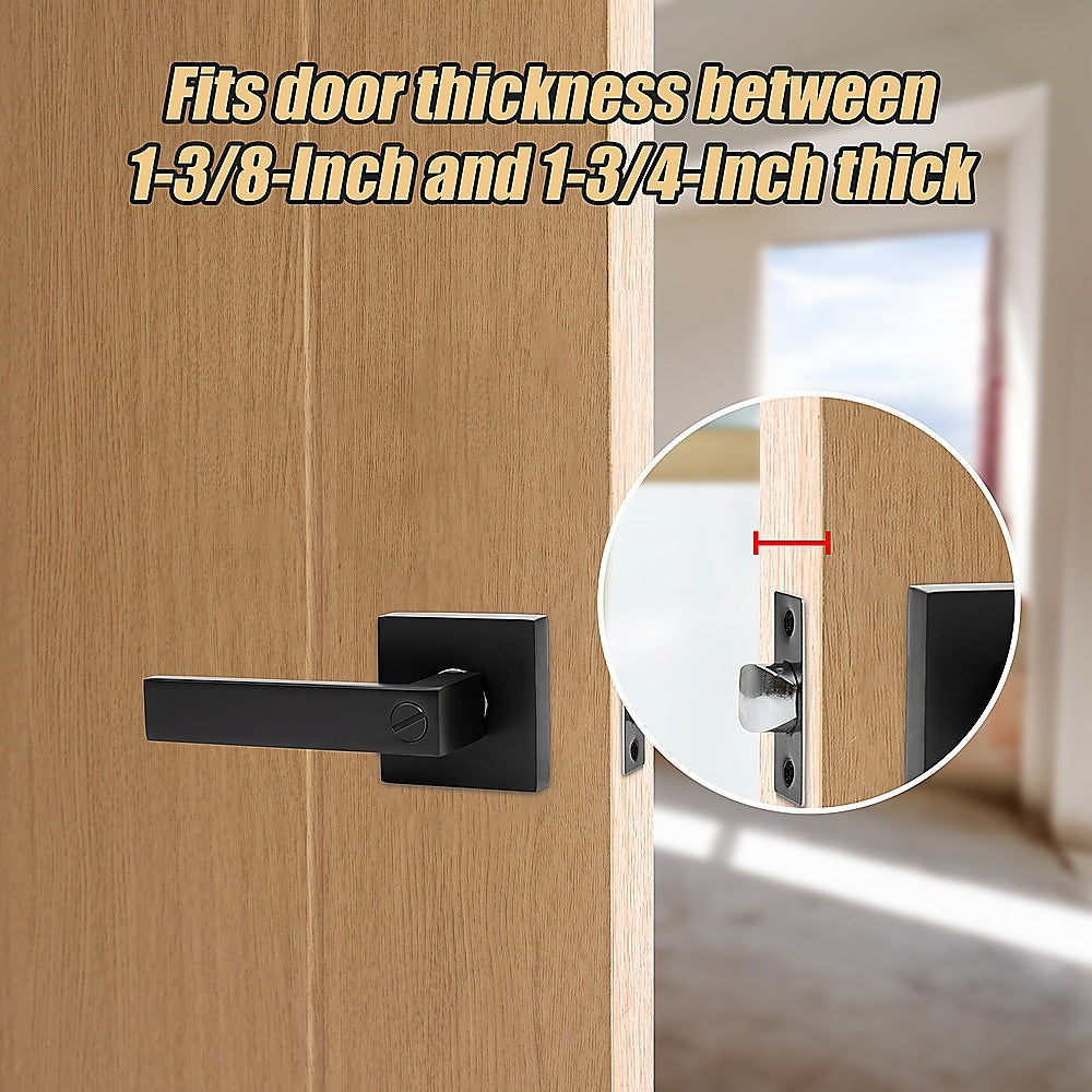 Black door handle on a wooden door with text indicating door thickness compatibility.