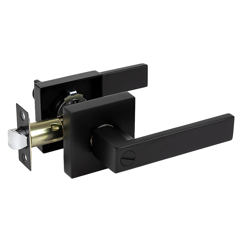 Black door handle with metallic core on a white background