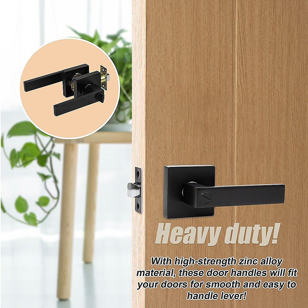 Black door handle on a wooden door with a close-up inset and text about heavy-duty material.