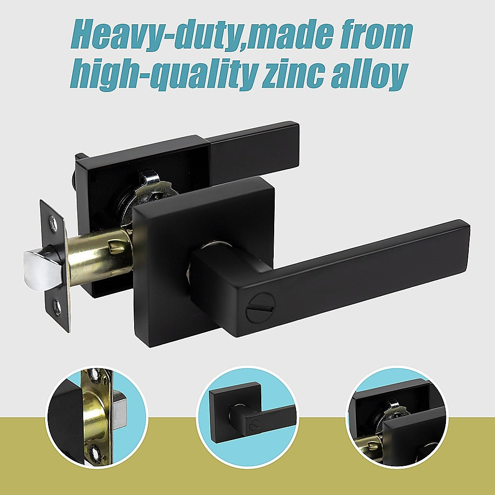 Black door handle with text about high-quality zinc alloy construction on a light gray background.