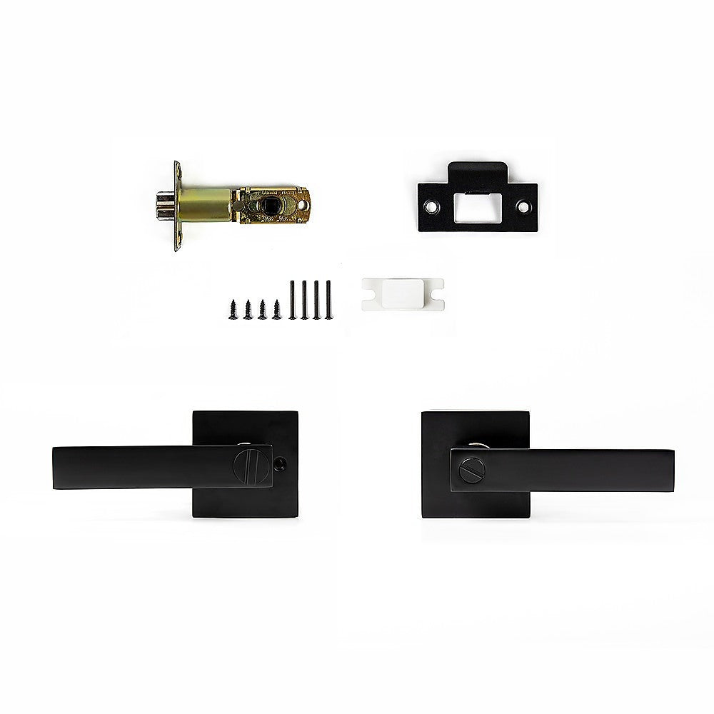 Black door handle set with components on a white background