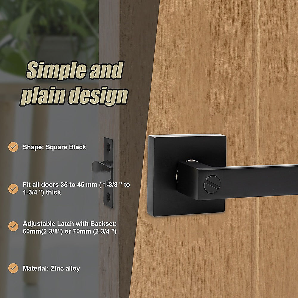 Black door handle on a wooden door with product features listed.