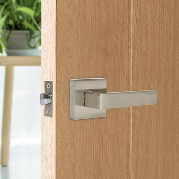 Wooden door with a metallic handle and lock mechanism.