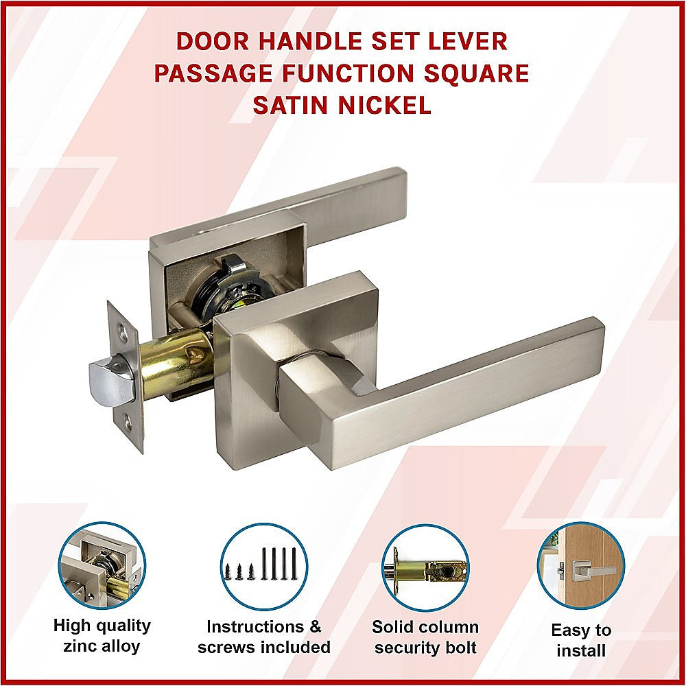 Satin nickel door handle set with features highlighted on a pink and white background