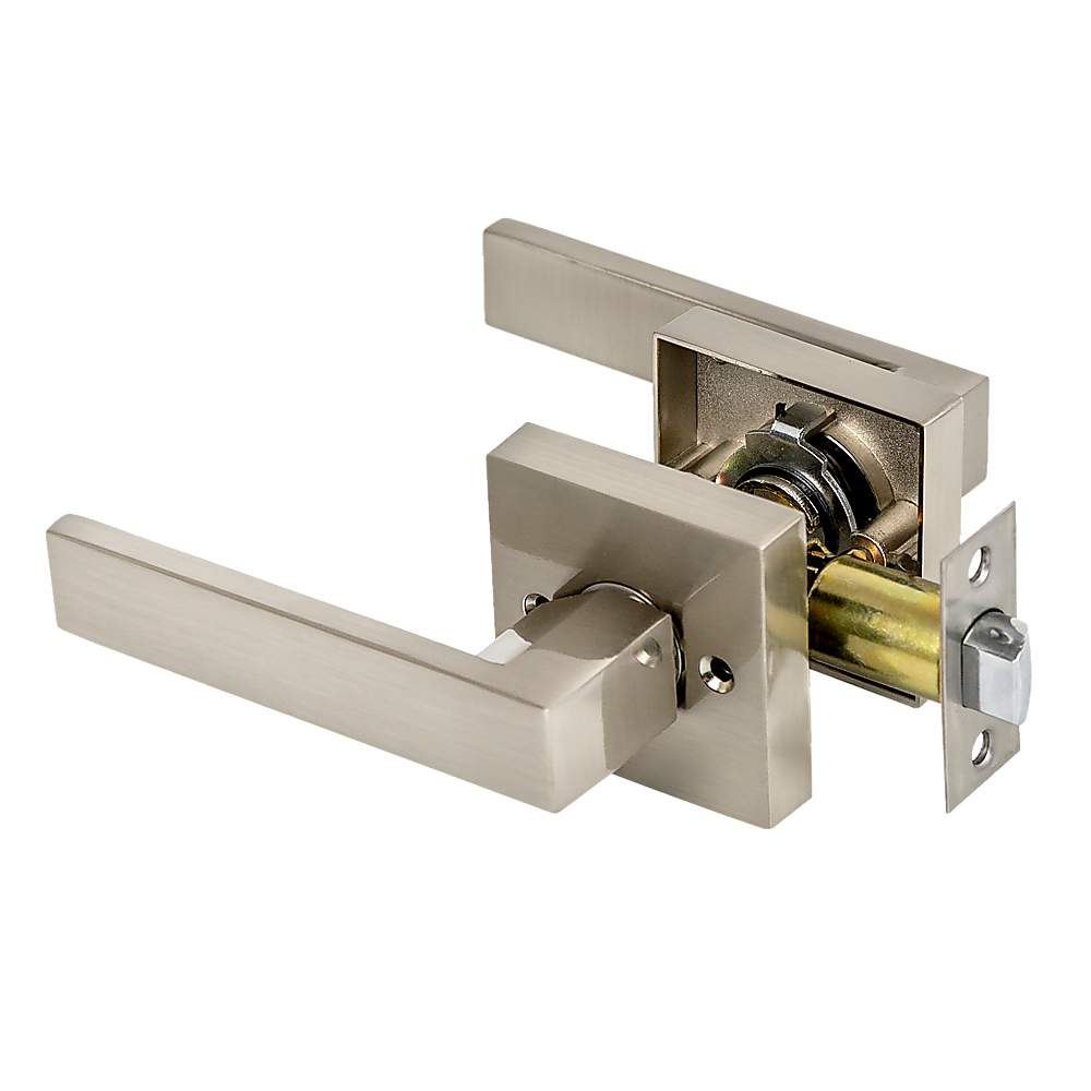 Metal door handle and lock mechanism on a white background