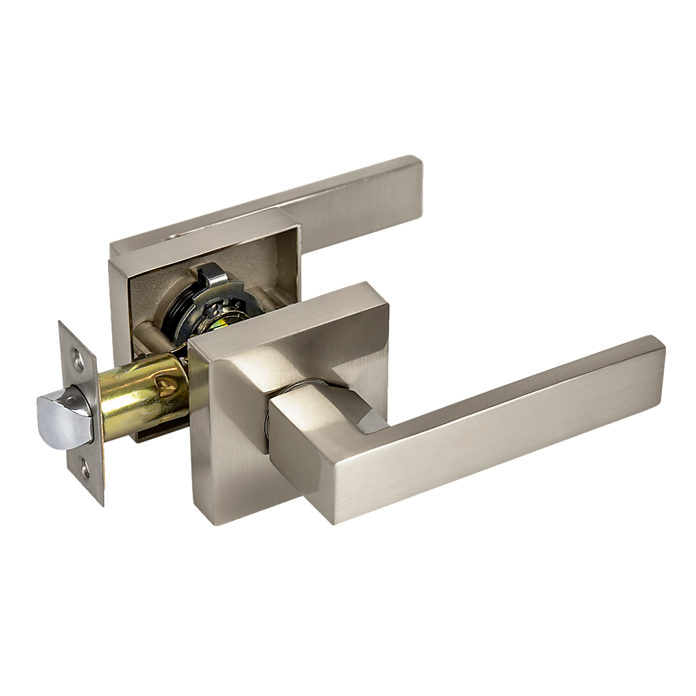 Metal door handle and lock mechanism on a white background