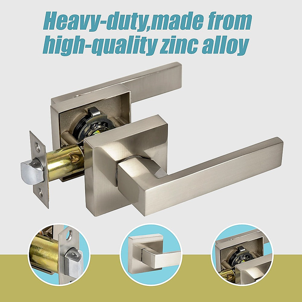 Heavy-duty door handle with high-quality zinc alloy text and close-up insets on a light gray background.