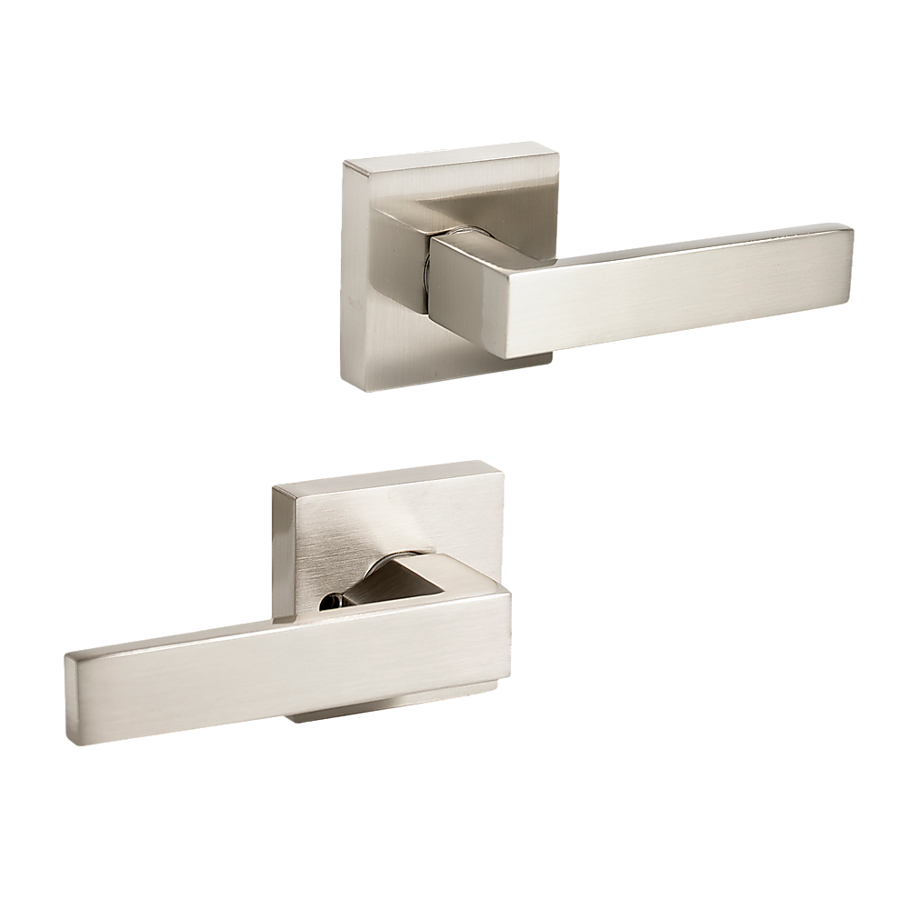 Pair of metallic door handles on a white background