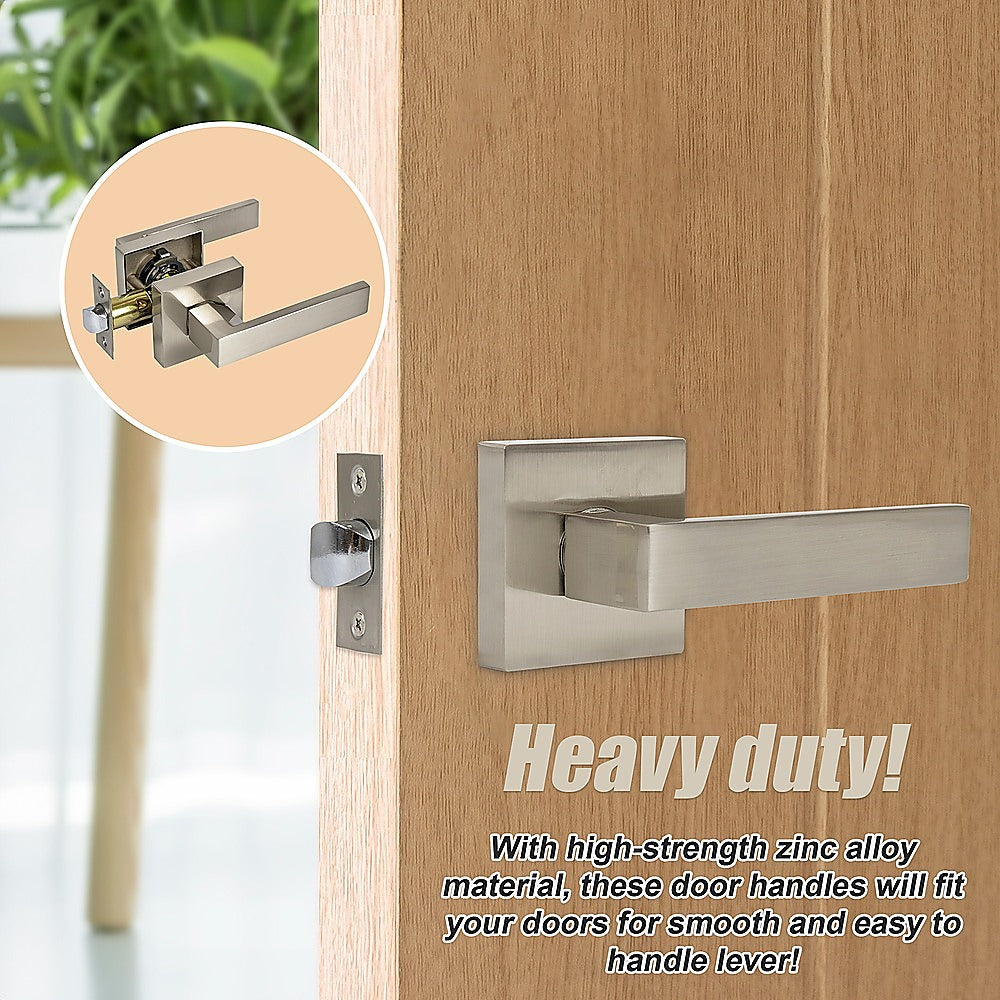 Heavy-duty door handle on a wooden door with an inset showing the internal mechanism.