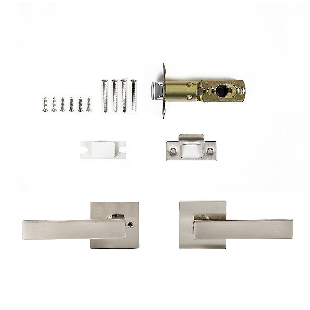 Door handle and lock set with screws on a white background