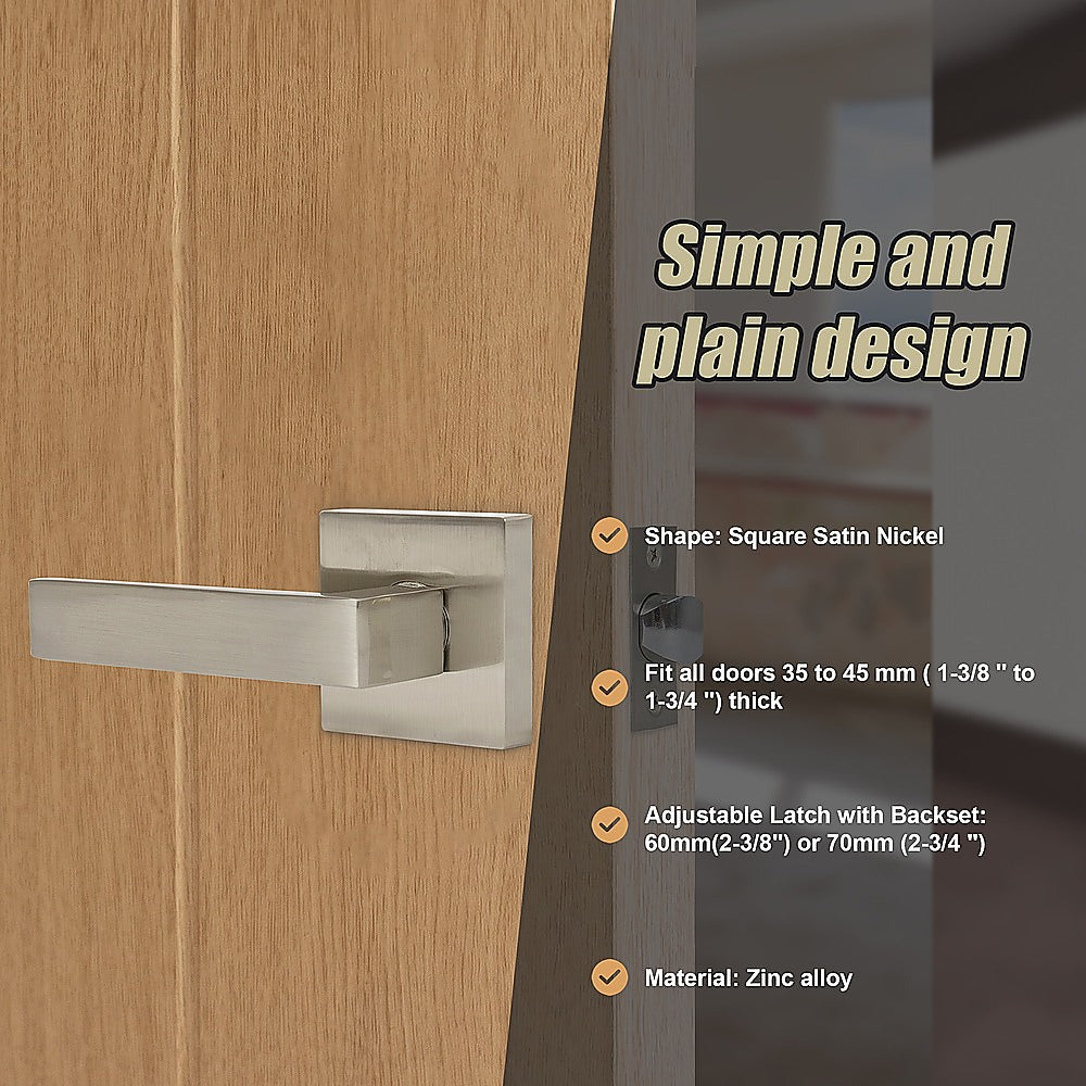 Wooden door with a satin nickel handle and product details text overlay.