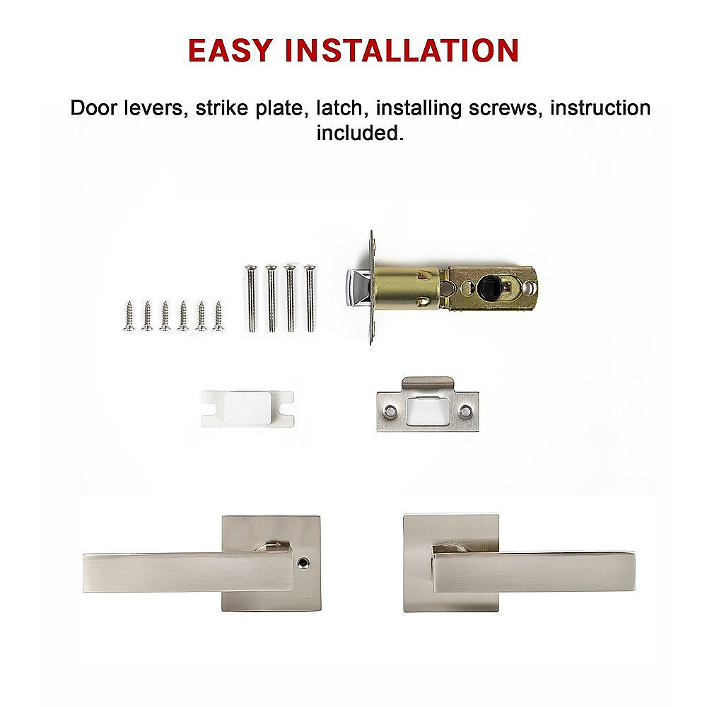 Door hardware set with levers, strike plate, latch, screws, and instructions on a white background.