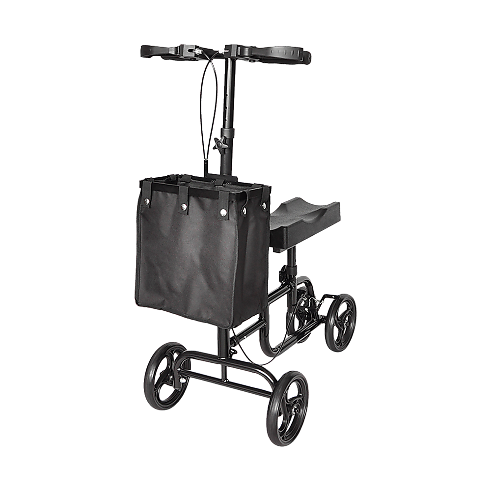 Black knee walker with a bag on a white background