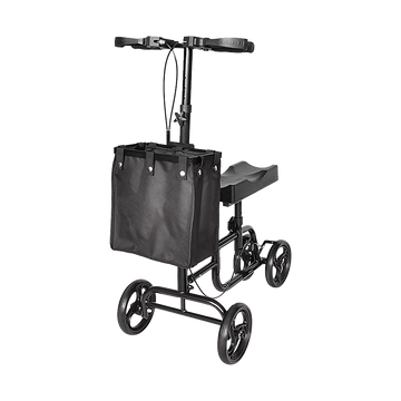 Black knee walker with a bag on a white background