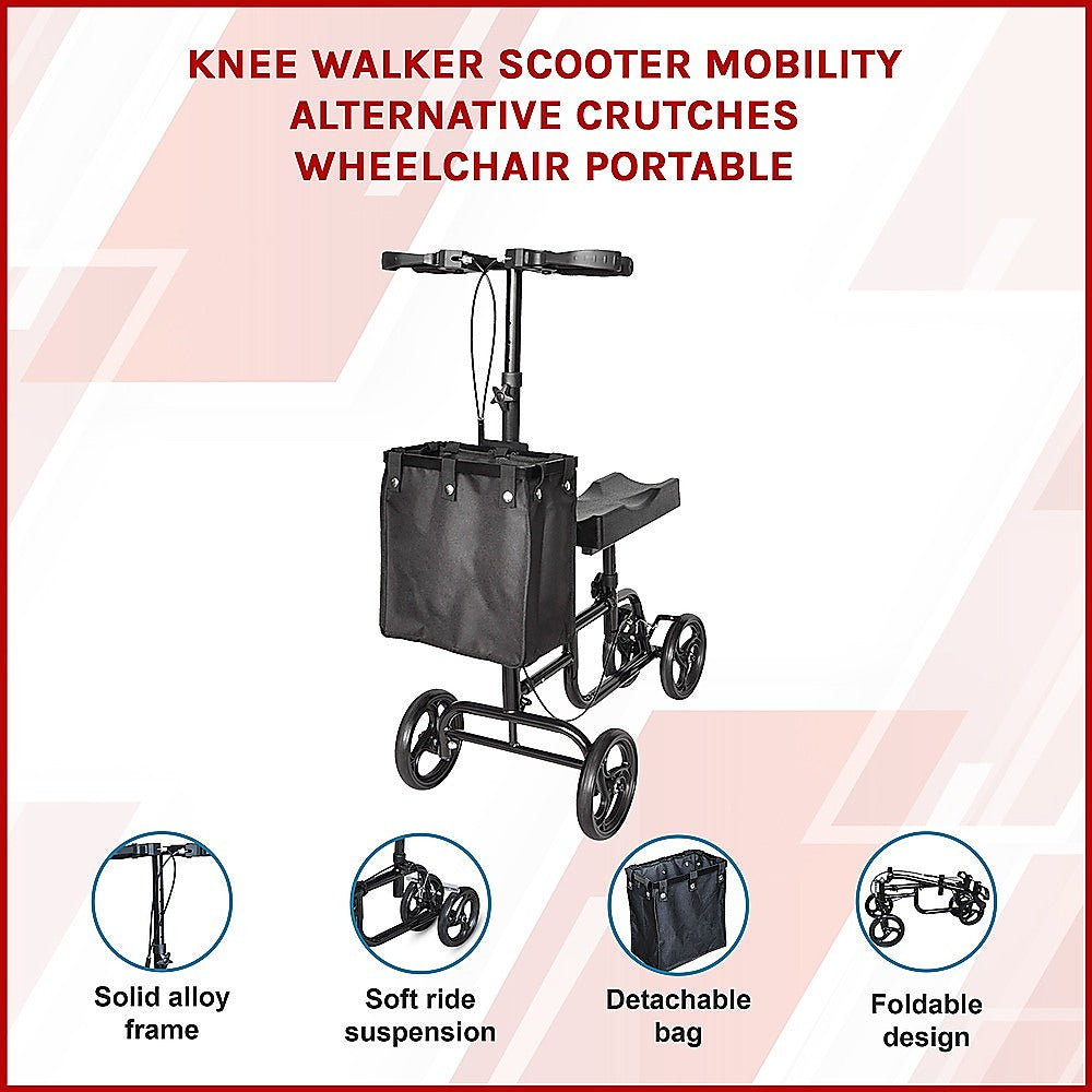 Knee walker scooter with features listed on a pink and white background