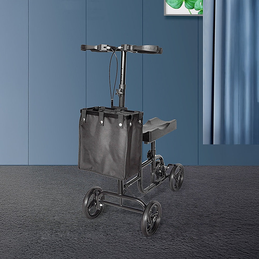 Black shopping cart with bag against a blue wall