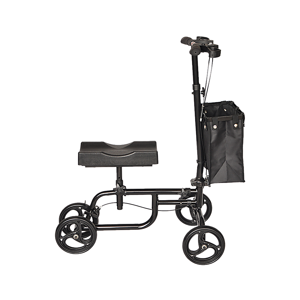 Black knee walker with wheels on a white background