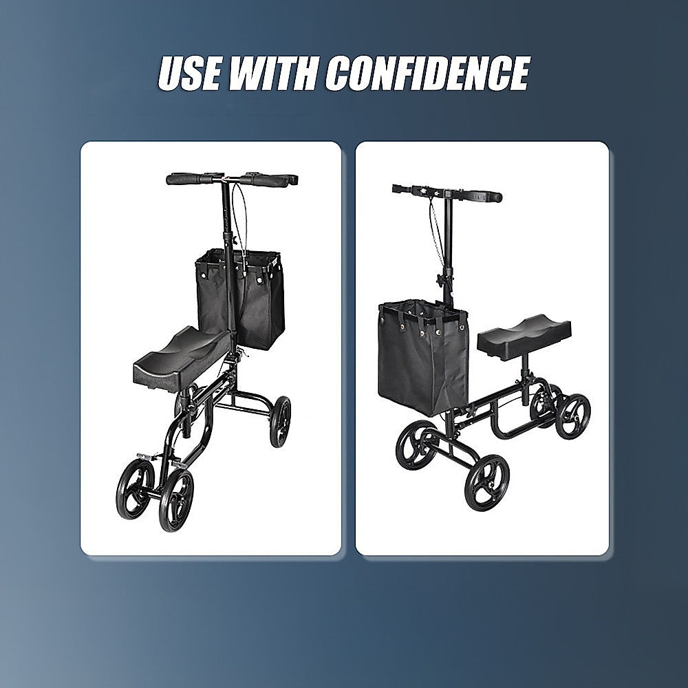 Black knee walker with basket on a blue background with text 'USE WITH CONFIDENCE'.