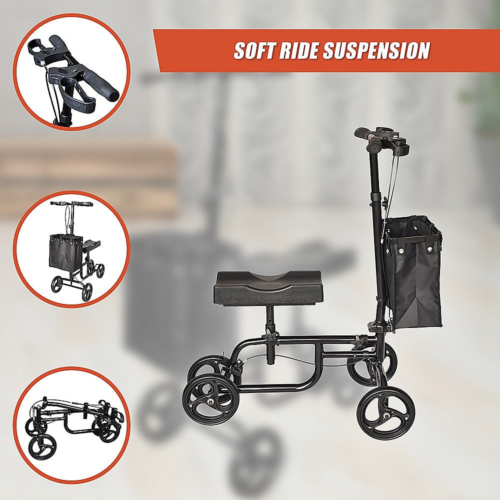 Black knee walker with soft ride suspension feature on a neutral background