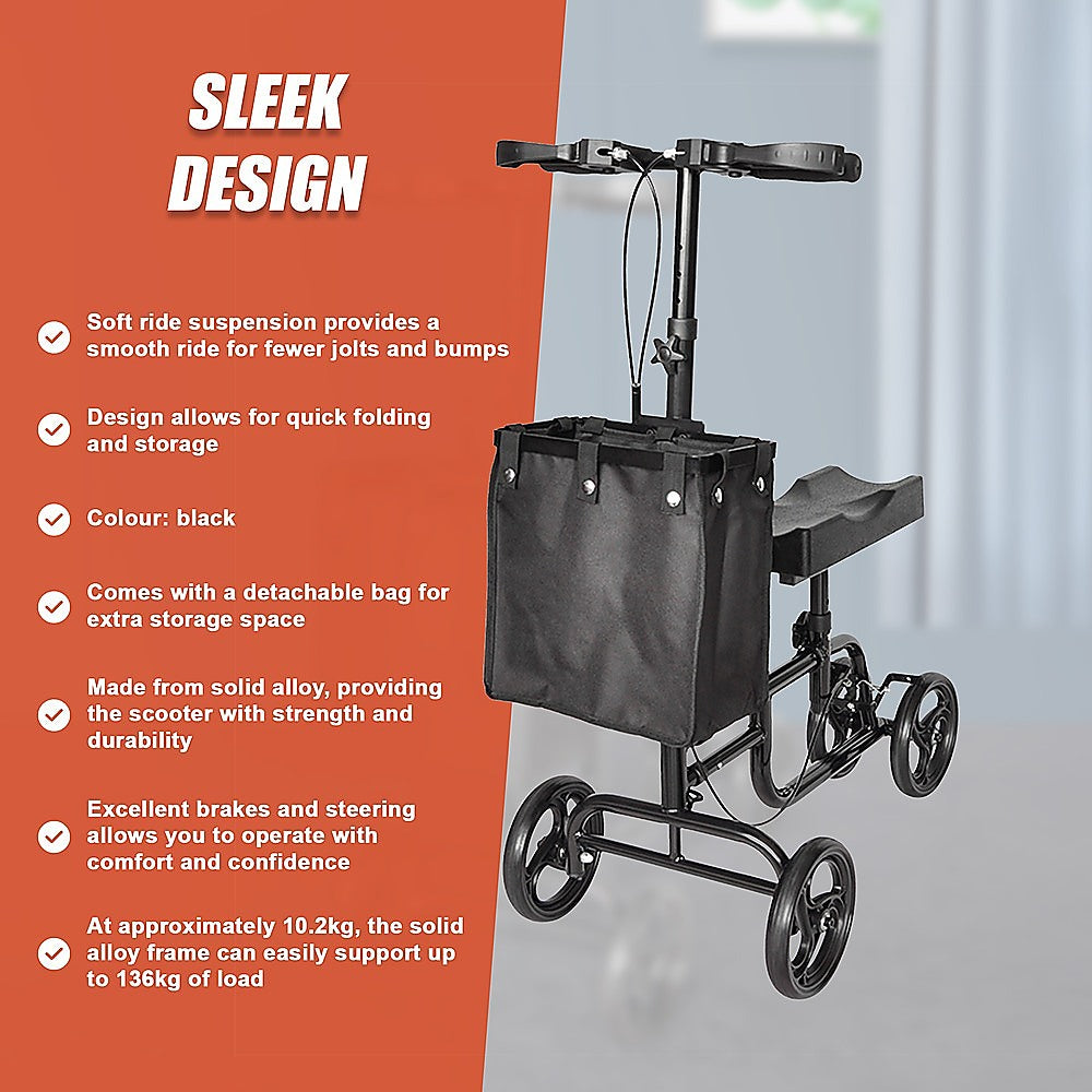 Black scooter with features listed on an orange and gray background