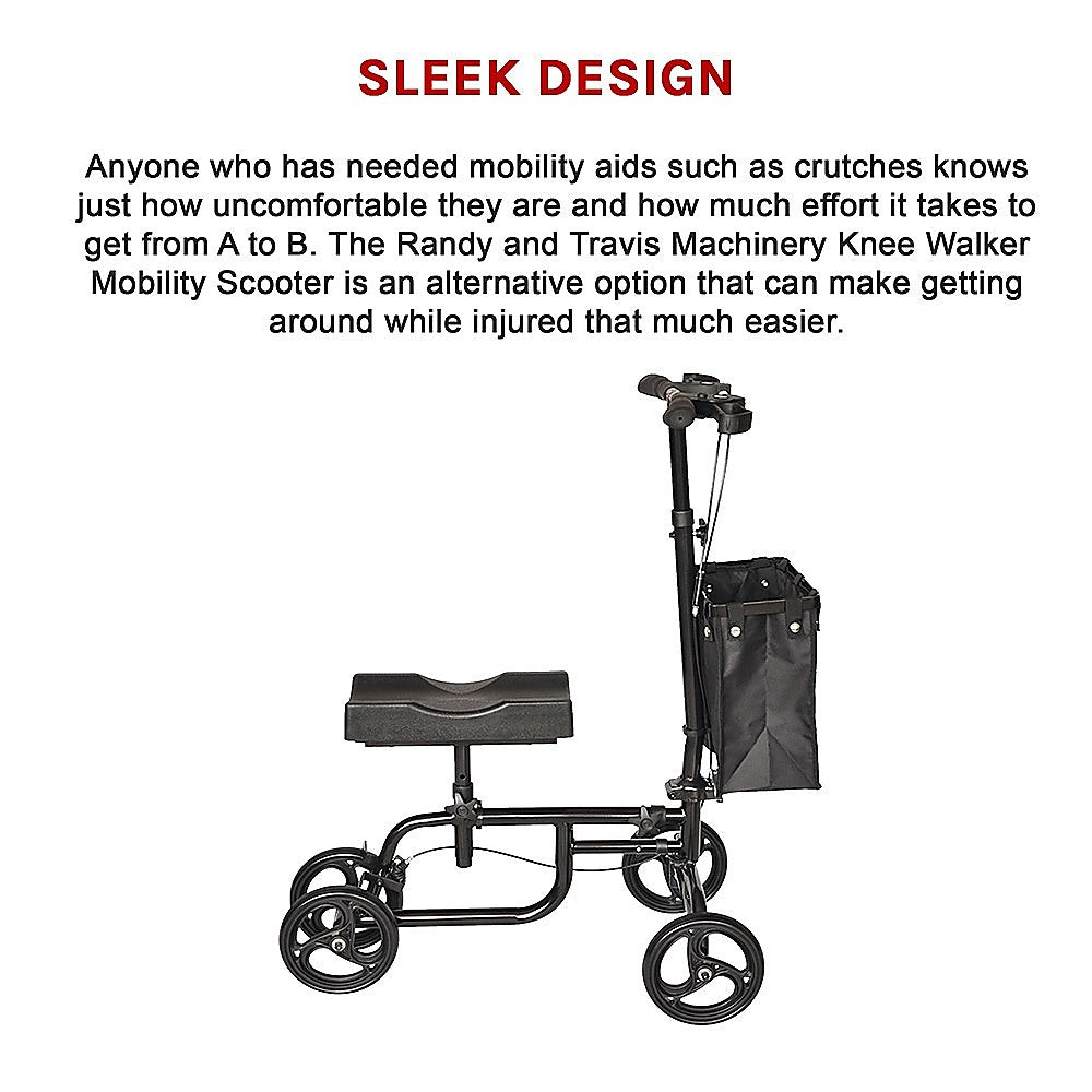 Knee walker mobility scooter with text about discomfort with crutches and ease of use.