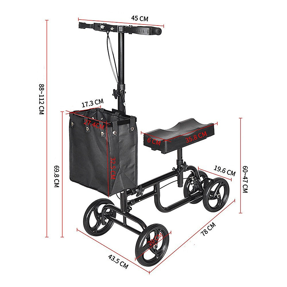 Black scooter with dimensions labeled on a white background