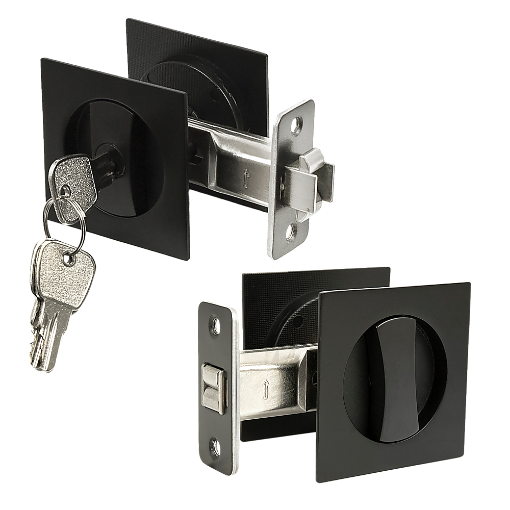 Black door lock mechanism with keys on a white background