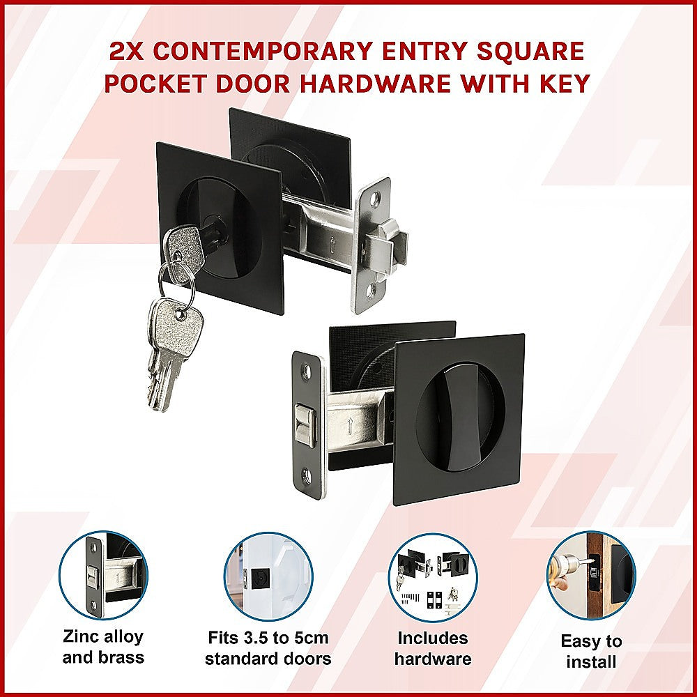 Contemporary entry square pocket door hardware with keys on a white background