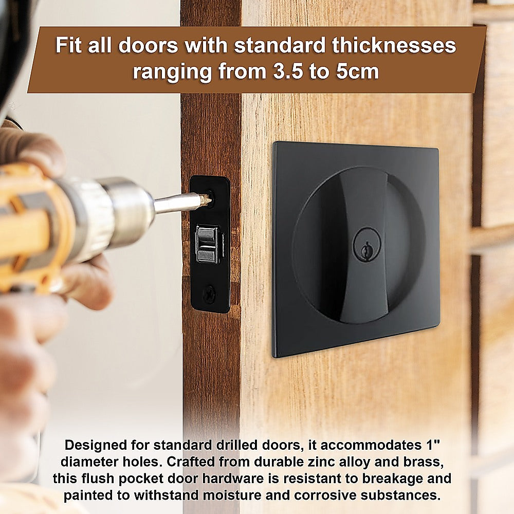 Black flush pocket door hardware being installed on a wooden door with text about door thickness and material properties.