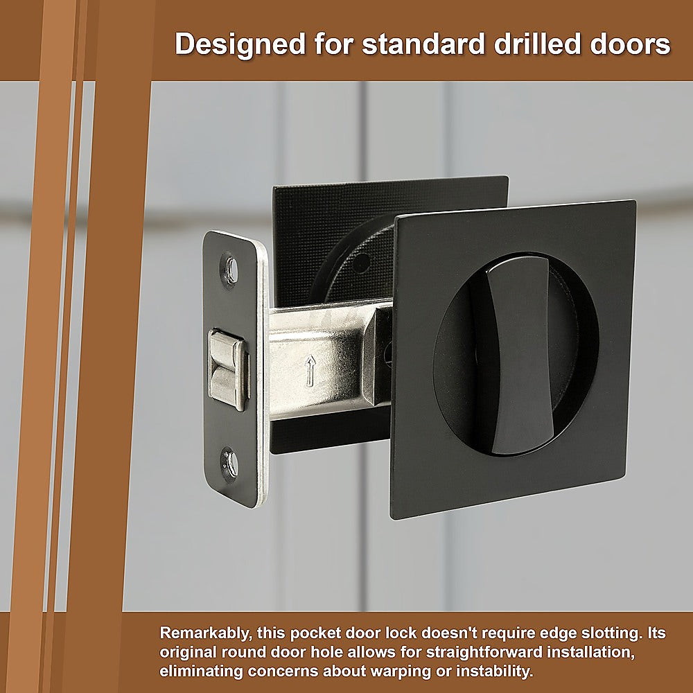 Black pocket door lock on a wooden frame with text about standard drilled doors and lock features.