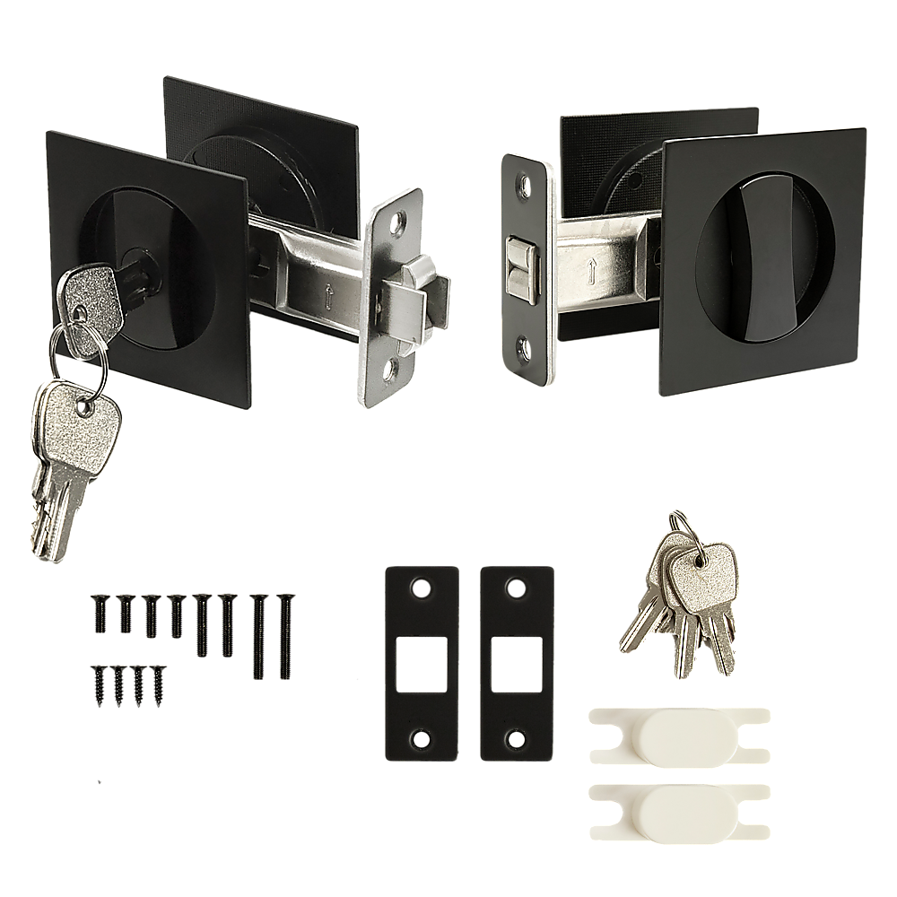 Door lock mechanism set with keys and hardware on a white background