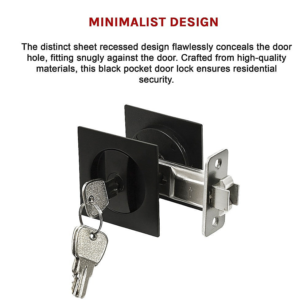 Black pocket door lock with keys on a white background, featuring minimalist design text.