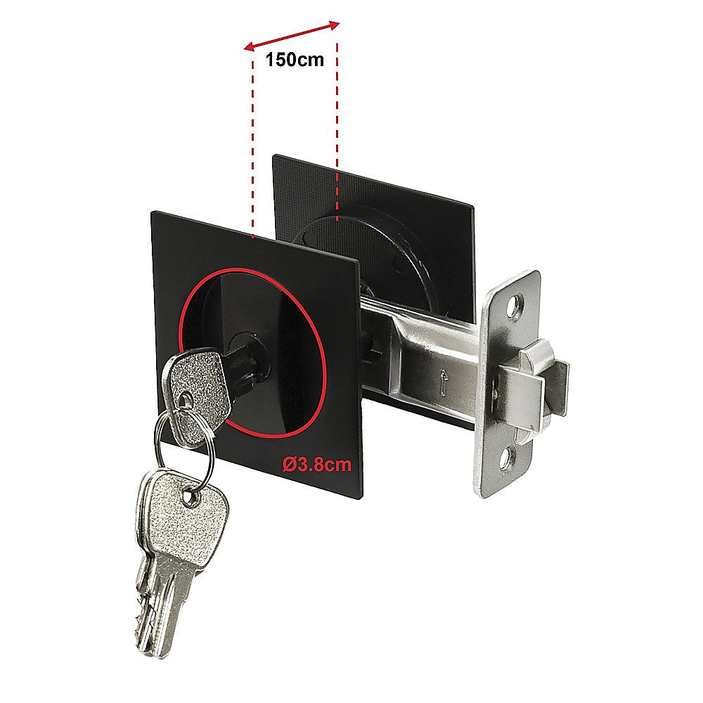 Lock mechanism with keys and dimensions indicated on a white background