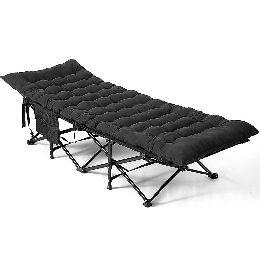 Black folding cot with quilted mattress on a white background