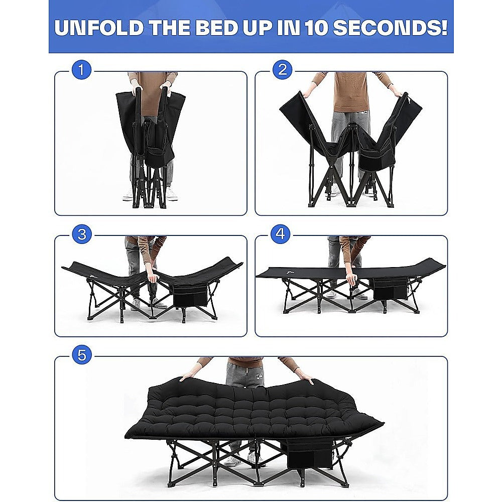 Step-by-step guide on how to unfold a black camping bed in 10 seconds.