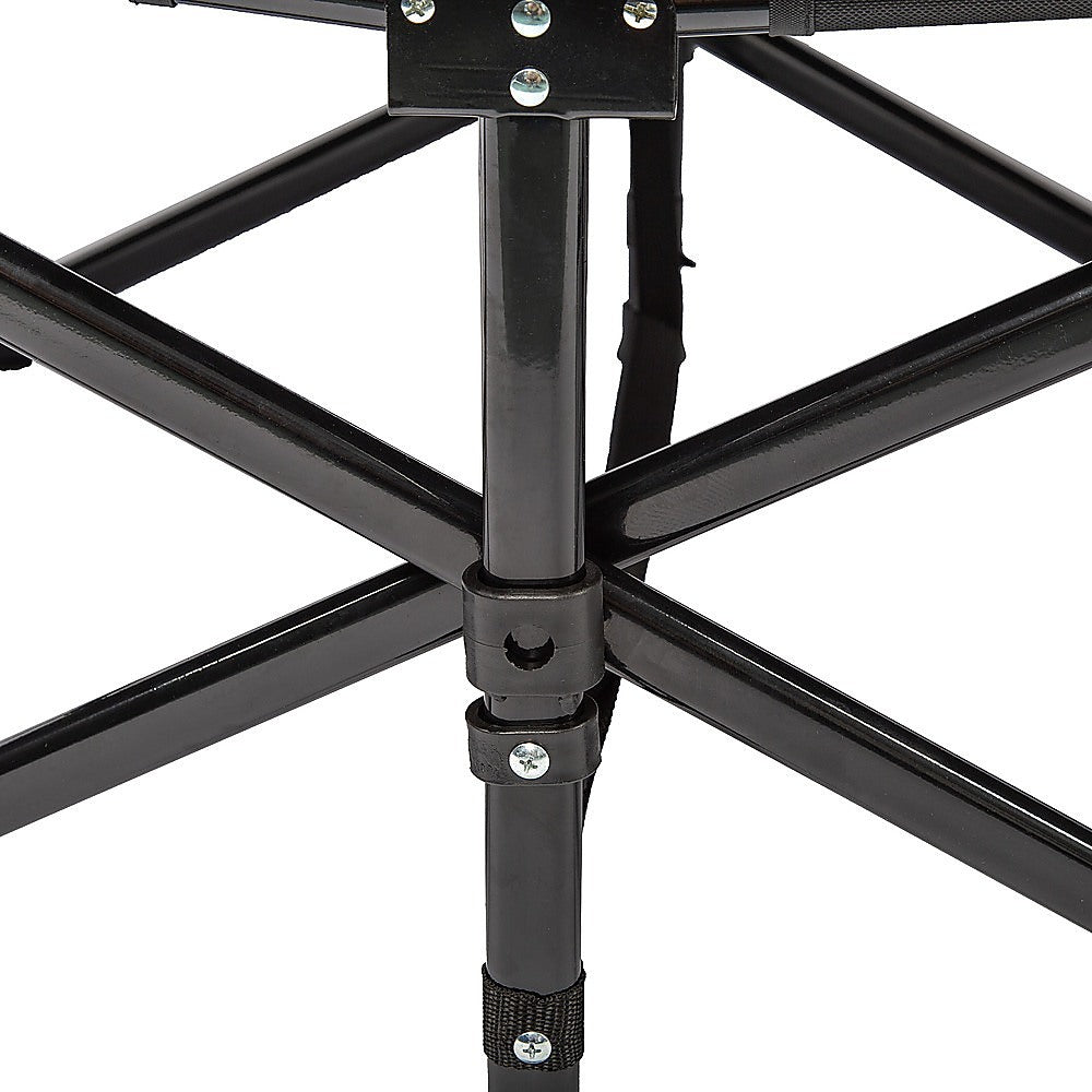 Close-up of a black metal frame with screws on a white background