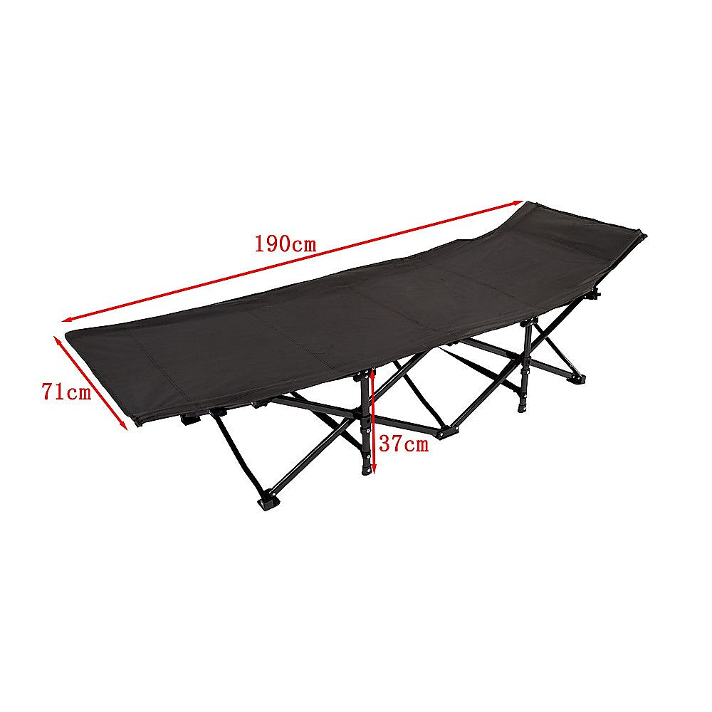Black folding bed with measurements on a white background