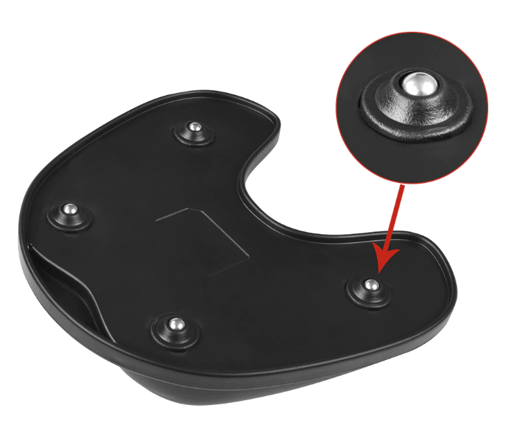 Black plastic component with metal screws on a white background