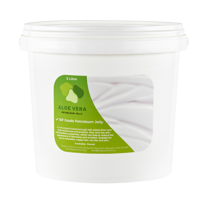 5-liter container of aloe vera petroleum jelly with a green label on a white background